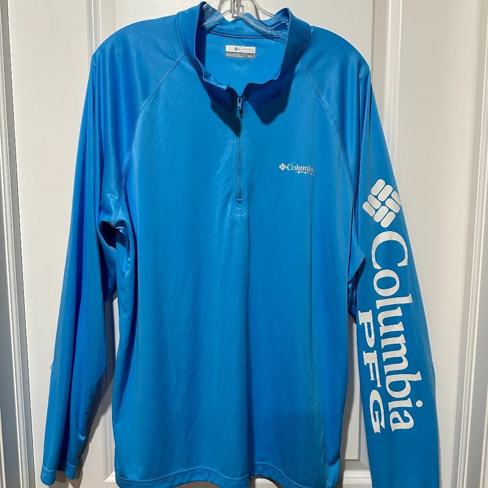 Columbia PFG Men’s Performance Light Blue, Long Sleeve ¼ Zip Shirt, Size L